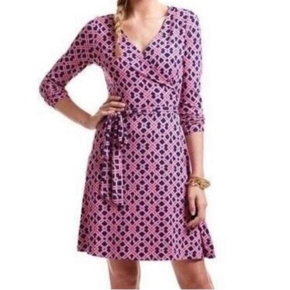Vineyard Vines Long-Sleeve Lattice Knit Wrap Dress Pink Blue Size Small - Picture 1 of 12